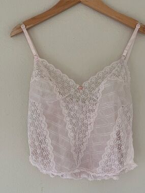 Vintage 90s Womens Lace Cami Top S/M Pink Sheer Soft Girl Grunge Cocquette Y2K